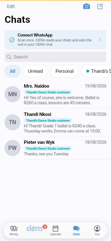 The Chats tab in CIERA: the chat list with business and personal buckets