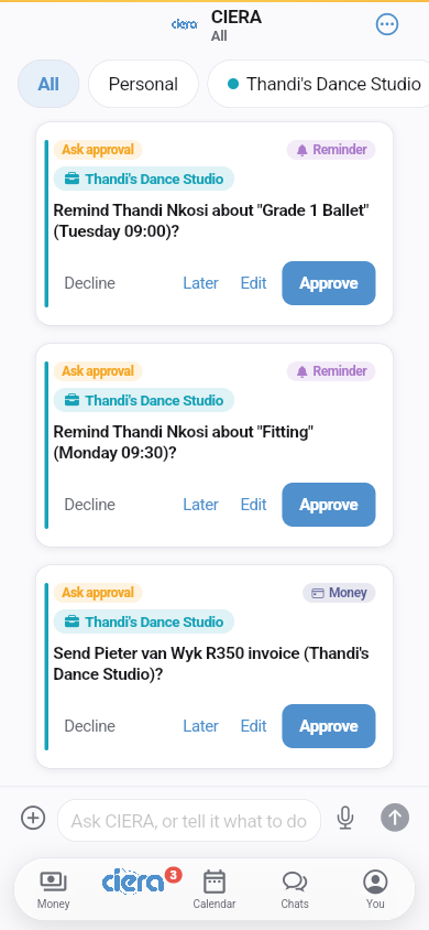 The CIERA chat: reminders and an invoice waiting for approval, each with Decline, Later, Edit and Approve