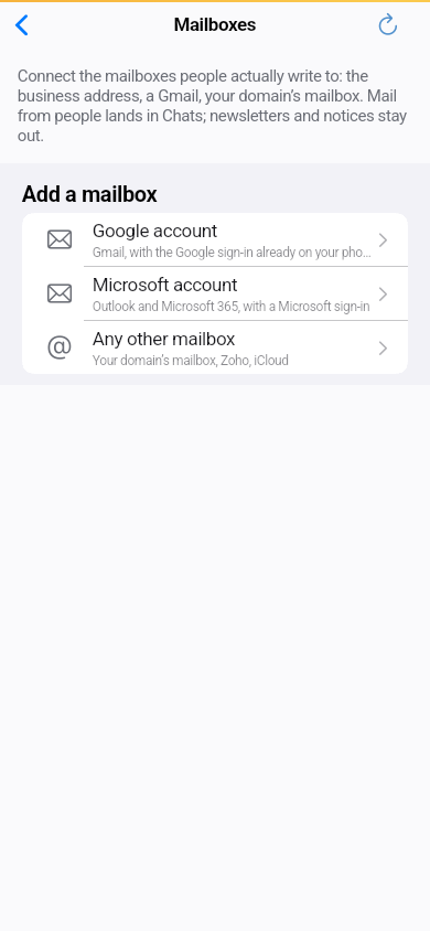 Add a mailbox: Google account, Microsoft account, any other mailbox