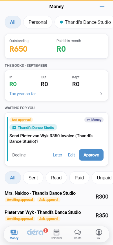 The Money tab: outstanding and paid totals, the books, and invoices waiting for approval